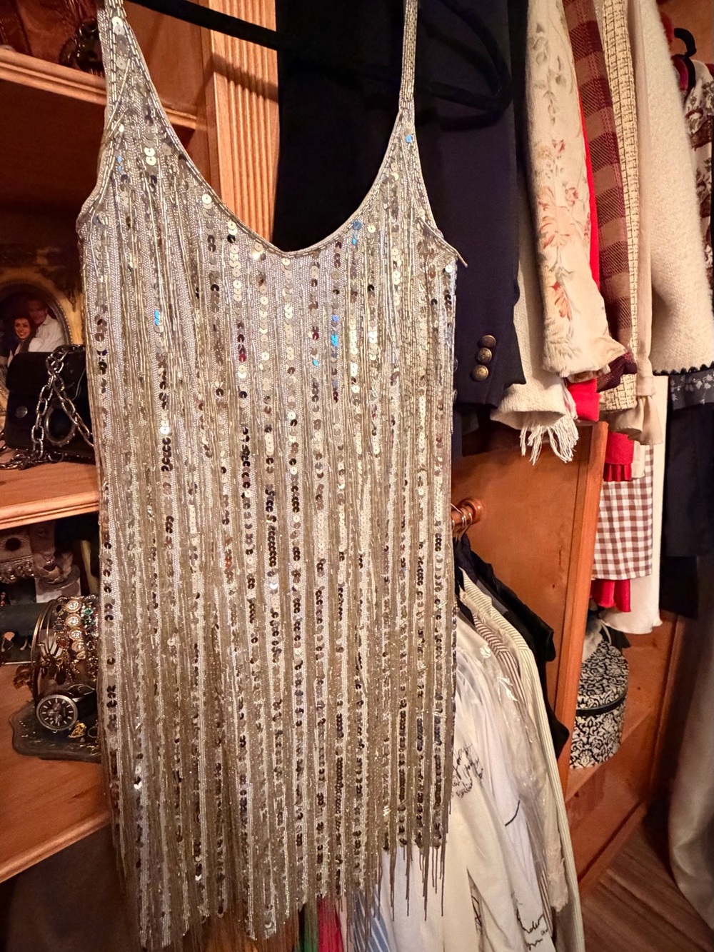Silver Sequin Fringe Slip Dress